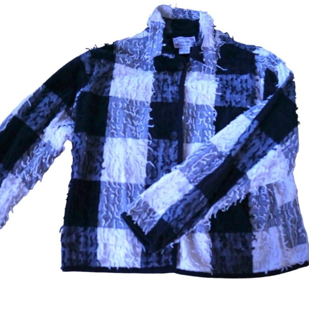 Carrie Allen Women's Vintage Black/White Fringe Jacket Size Medium 100% Cotton